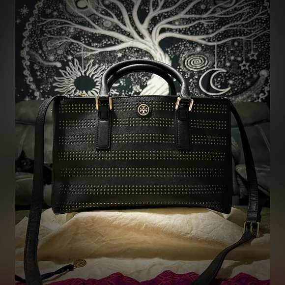 Vintage Tory Burch tote bag crossbody purse Black Satchel with Gold Accents - Picture 6 of 17